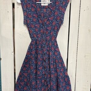 H&M L.O.G.G. Floral Navy Blue Pink Button Patterned Tie Boho Dress 4